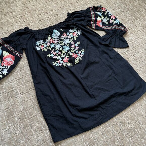 Free People Off-The-Shoulder Embroidered Dress Women's S Black Boho Festival - Picture 3 of 13